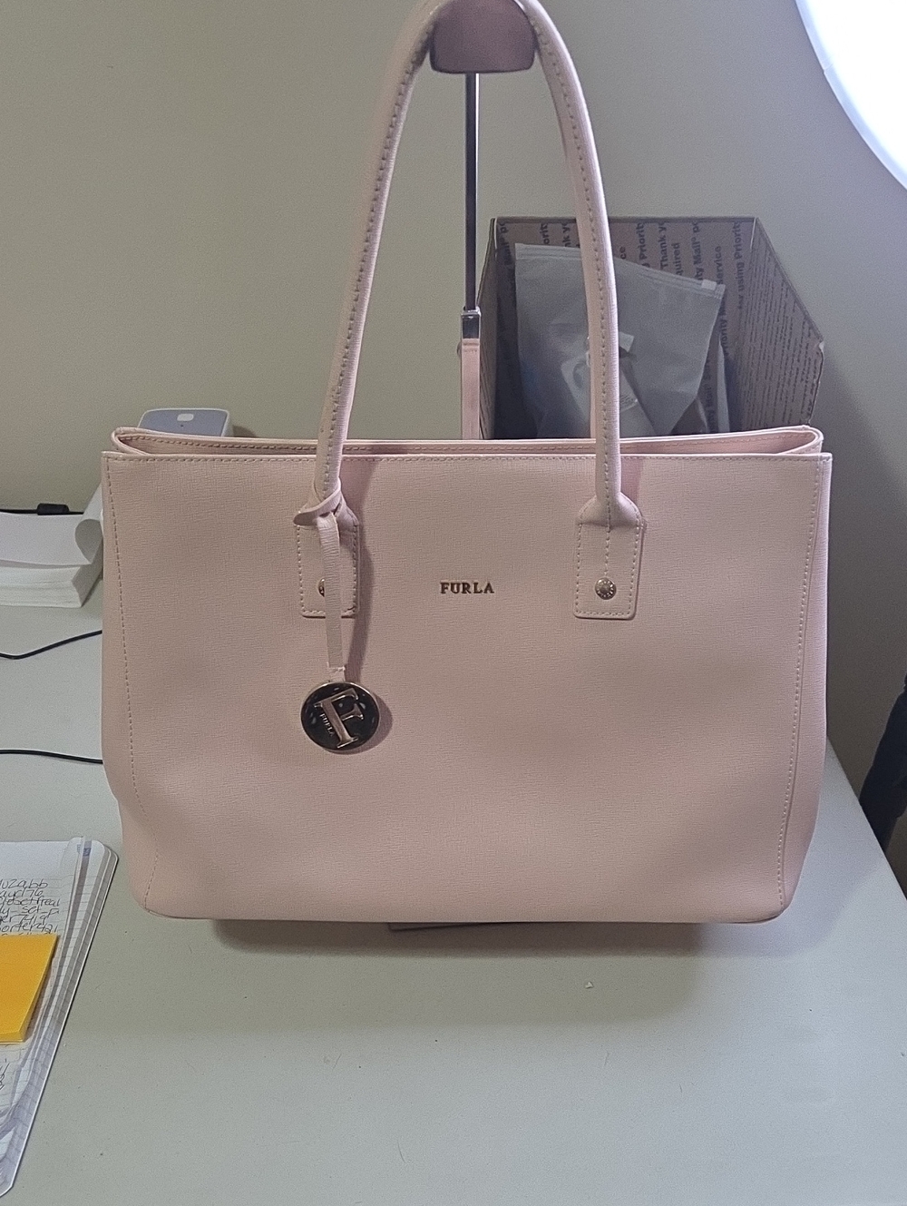 Furla Blush Pink Linda  Leather Tote with Logo Charm